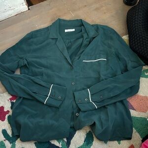 Equipment Dark Green Silk Pajama Style Blouse with White Piping. Size Medium